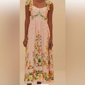 Farm Rio Pink Midi Sundress with Green and Gold Pattern and Details